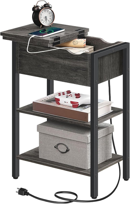 HOOBRO End Table with Charging Station, Narrow Side Table, Flip Top Nightstand with USB Ports and Outlets, Bedside Tables with Shelf for Small Spaces, Living Room, Charcoal Black BC341BZ01