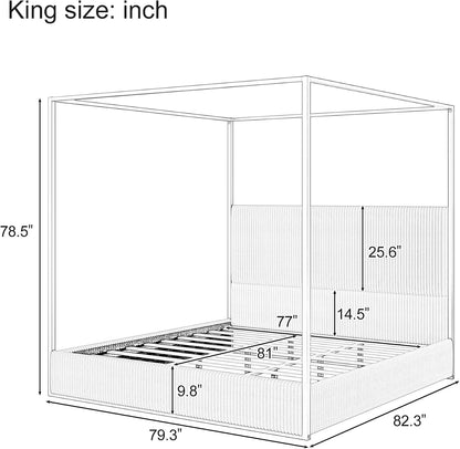 Modern Luxury 4-Poster Canopy Platform Bed King Size with Velvet Upholstered Tall Headboard, Metal Canopied Design Platform Bed Frame with Strong Slats Support (Beige+Gold-King)