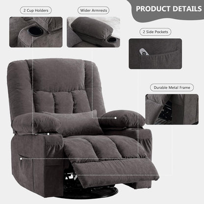 Swivel Rocker Recliner Chair with Vibration Massage and Heat Ergonomic Lounge Chair for Living Room with Rocking Function and Side Pocket, 2 Cup Holders, USB Charge Port