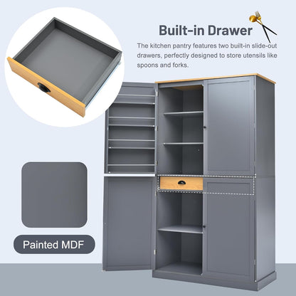 71" Tall Kitchen Pantry Storage Cabinet with 4 Doors, Freestanding Wooden Cupboard with 2 Drawers, 2 Adjustable Shelves and Cabinet Door Organizers for Kitchen, Dining Room, Grey