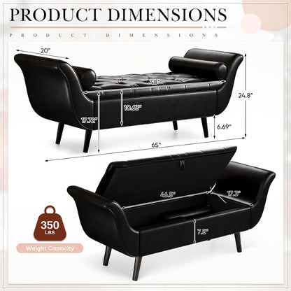 Storage Bench for Bedroom, 65" End of Bed Bench King Size, Faux Leather Tufted Upholstered Window Bench Indoor Foot of Bed Storage Ottoman Long Seating with Arm for Living Room Entryway, Black