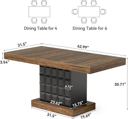 LITTLE TREE 63" Modern Dining Table, Rectangular Dinner Table for 4-6, Farmhouse Kitchen Table, Sturdy Wood Pedestal Base for Kitchen/Dining Room, Rustic Brown & Black