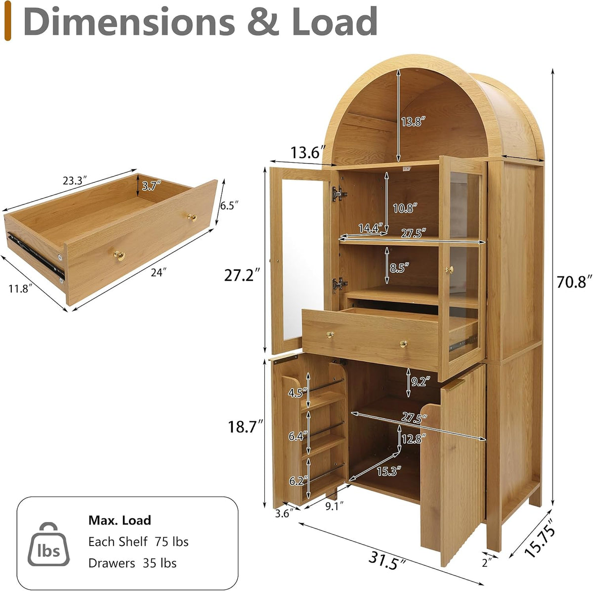 71" Tall Arched Kitchen Pantry with Drawer,Glass Door,Door Racks, Fluted Hutch Cabinet with Storage & Adjustable Shelves,Cupboard Buffet Cabinet for Living Room, Coffee Bar Corner(Natural) (Natural-1)