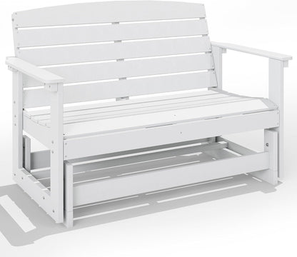 Outsunny 2-Person Outdoor Glider Bench HDPE Weather Resistant White | Patio Double Swing Glider Rocking Chair Loveseat, with Armrests, Slatted Seat and Backrest, for Backyard Garden Porch