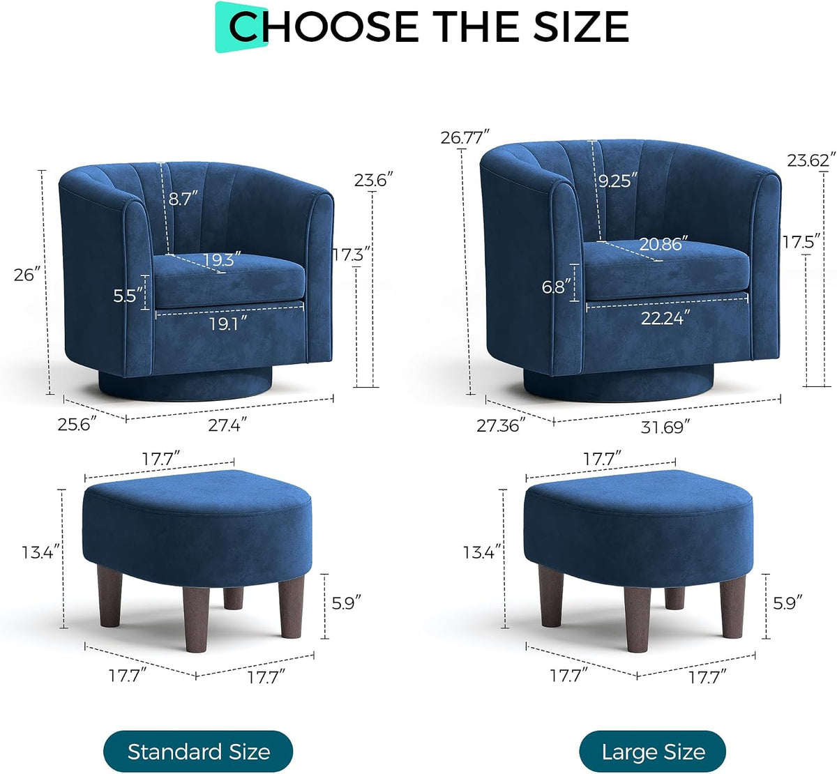LINSY Small Swivel Accent Chair with Ottoman, Velvet Barrel Chair with Footrest, Modern Upholstered Comfy Reading Chair Armchair for Living Room, Bedroom, Study Room, Office, Blue
