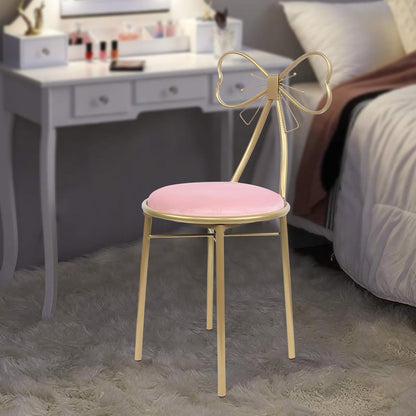 Velvet Vanity Chairs, Metal Cute Butterfly Stool Chair Dresser Makeup Chairs Stool with Pink Velvet Cushion and Bow Knot Backrest for Girl Bedroom, Living Room (Light Pink)