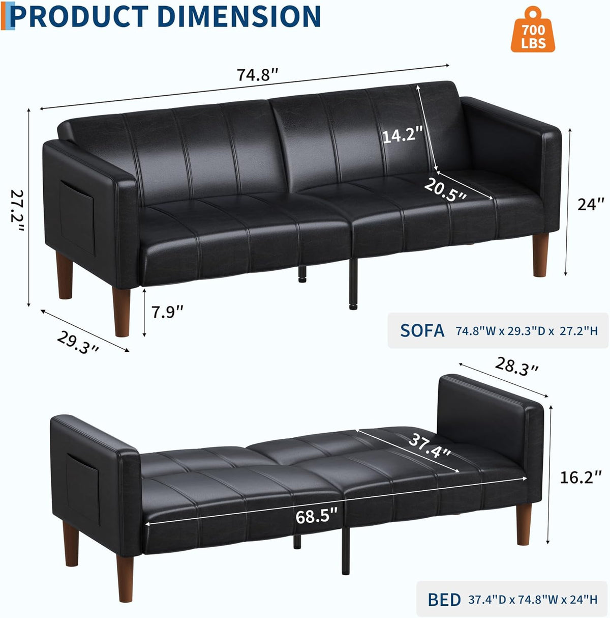 75 in Futon Sofa Bed, Faux Leather Convertible Couch with Adjustable Backrest, Side Pocket, Mid Century Modern Loveseat Sleeper Sofa for Living Room, Bedroom, Apartment, Small Spaces, Black
