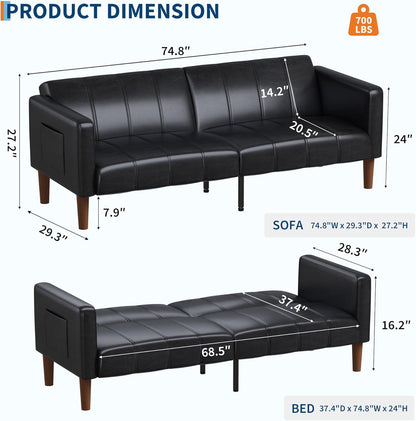 75 in Futon Sofa Bed, Faux Leather Convertible Couch with Adjustable Backrest, Side Pocket, Mid Century Modern Loveseat Sleeper Sofa for Living Room, Bedroom, Apartment, Small Spaces, Black