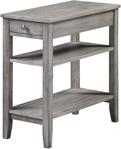 Pemberly Row Three Tier End Table with Drawer, Gray Wood Finish, 23.5 x 11.25 x 24 in, Hidden Storage, Middle and Bottom Shelf, Durable Accent Table for Living Room or Bedroom Decor