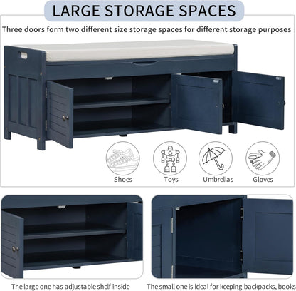 Storage Bench with 3 Shutter-Shaped Doors, Wood Shoe Bench with Removable Cushion and Hidden Storage Space for Entryway, Living Room, Hallway 43.5" L*16" W*18" H Antique Navy