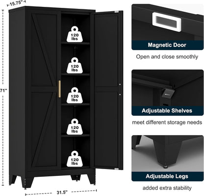 LCAOPC 71" Tall Metal Storage Cabinet with 2 Doors and 4 Adjustable Shelves, 5-Tier Kitchen Pantry Storage Cabinet for Kitchen, Living Room, Dining Room and Office, Black