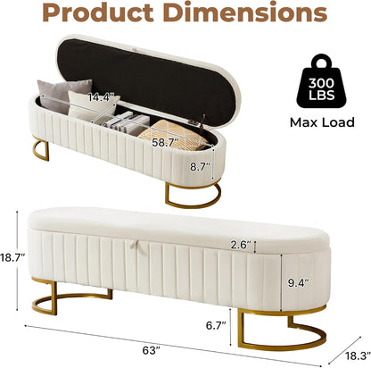 Storage Ottoman Bench, 63" Velvet End of Bed Bench Bedroom Bench King Size with Golden Metal Legs, Upholstered Storage Bench for Bedroom Living Room Entryway and Window, Beige