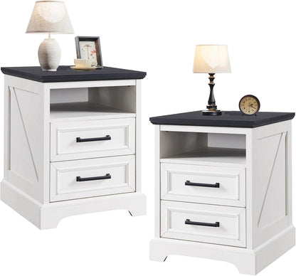 ACCOHOHO 18" Farmhouse Nightstand Set of 2 with Charging Station,End Table with 2 Drawers Storage,Side Table,Bedside Cabinet for Bedroom,Living Room, Antique White