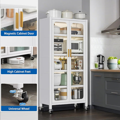 65" Tall Freestanding Kitchen Pantry Cabinet, 6-Tier Metal Food Pantry Storage Cabinet with Transparent Door, Adjustable Shelves and Rolling Wheels,Display Cabinet for Kitchen, Living Room,White