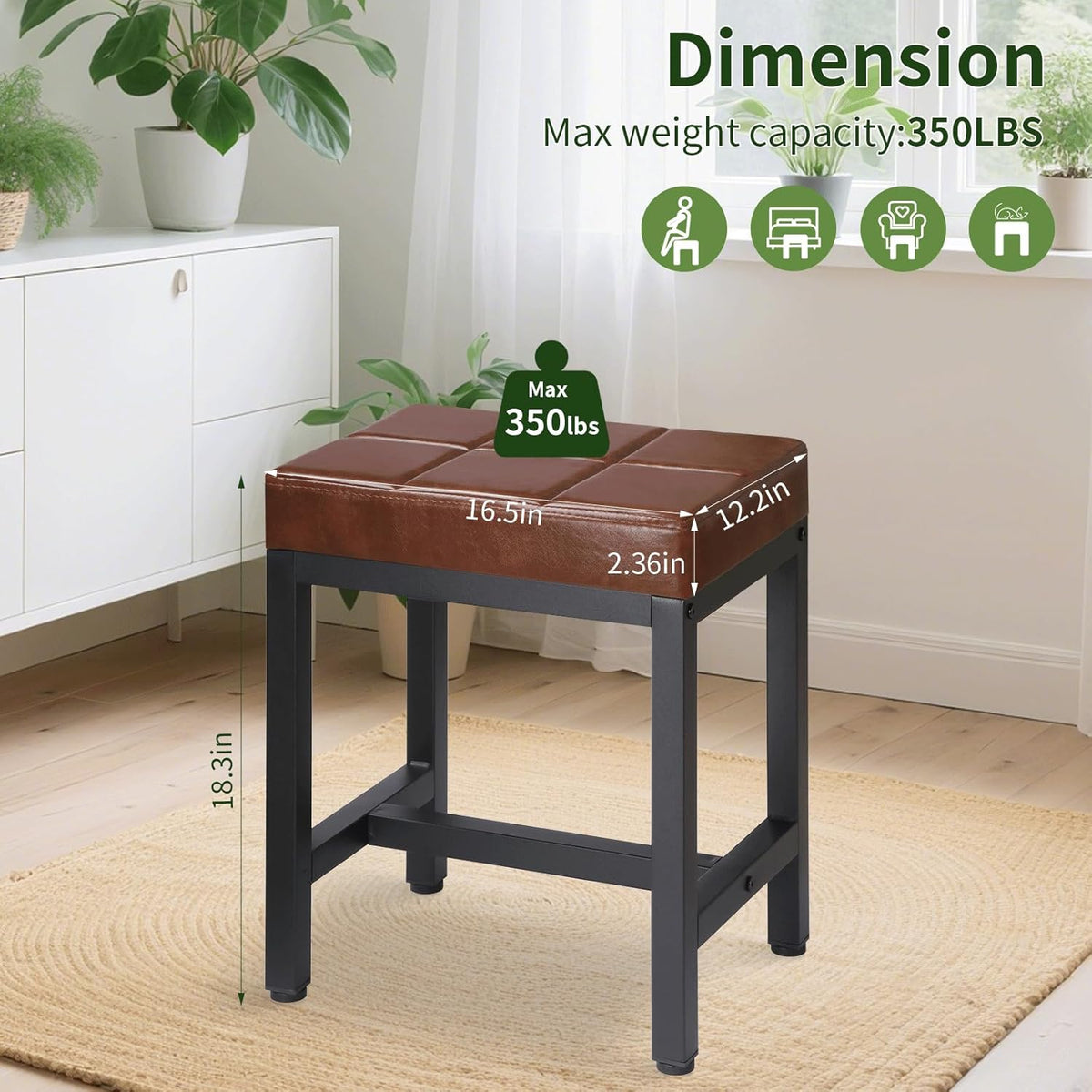 Vanity Stool, Vanity Chair for Makeup Room, Square Faux Leather Small Ottoman Foot Stool with Metal Legs, Modern Makeup Chair for Bedroom, Living Room, Brown
