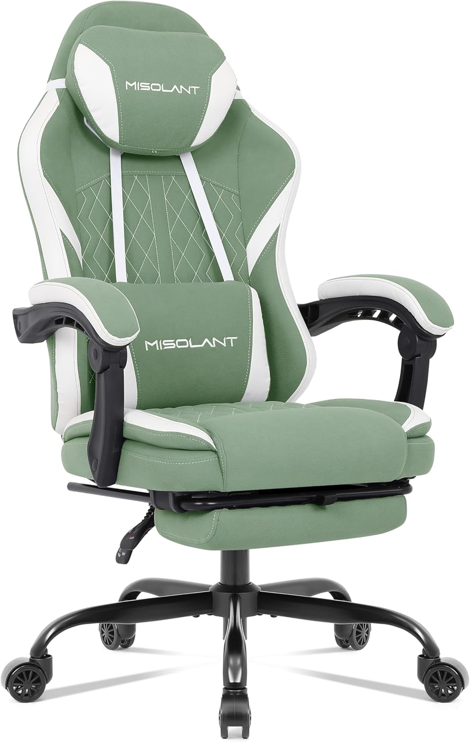 Misolant Gaming Chair, Fabric Gamer Chair with footrest for Adults, High Back Ergonomic Computer Game Chair with Adjustable Headrest and Massage Lumbar Support, 90-155° Recline Free, Green