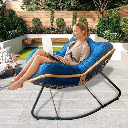 Larger Outdoor Rocking Chair, Rattan Wicker Lounge Chair, for Bedroom, Living Room, Porch, Garden,Lawn-Beige (Black+Blue + Metal + Cotton)