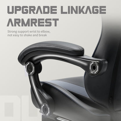 DUMOS Ergonomic Gaming Chair with Footrest, Home Office Desk Chair | PU Leather, Headrest, Linkage Armrests, Height Adjustable, 360 Swivel Reclining, Black Grey