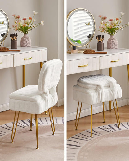 IBUYKE Vanity Stool with Storage, Folding Back Makeup Chair, White WBD030W | Rectangular Small 15.75" x 11.81" x 29.13" Velvet Cute Ottoman Stool Living Room Anti-Slip Feet