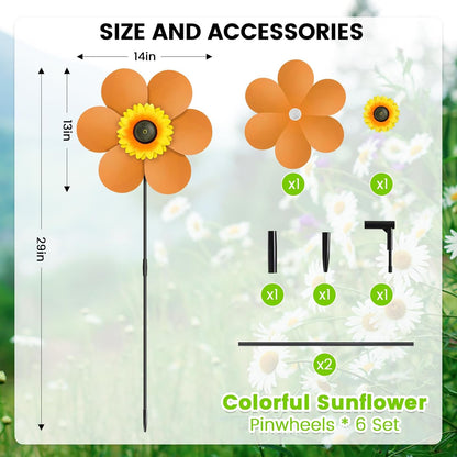 6PCS Sunflower Wind Spinners with Stakes 14" W x 29" H Wind Spinners Lawn Pinwheel Rainbow Windmill Outdoor Pinwheels for Yard Decoration（Multicolor）