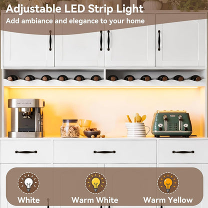 White 72" Tall Kitchen Pantry Cabinet with Charging Station 55" Wide Kitchen Hutch Cabinet with LED Light and Countertop Large Kitchen Cabinet with Adjustable Shelves and Wine Rack