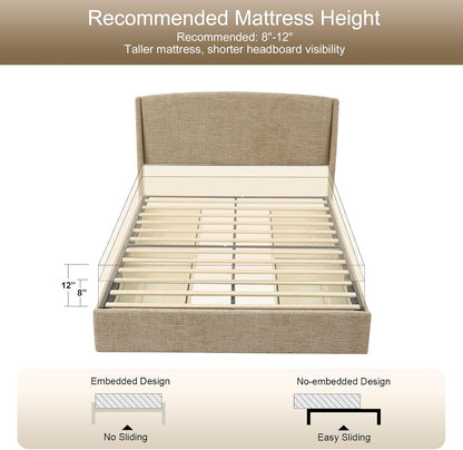 VELOCAVA Queen Storage Bed Frame with Curved Wingback Headboard, Linen-Look Upholstered Platform Bed Frame with 4 Pull-Out Drawers, Wood Slat Support, No Box Spring Needed, Beige