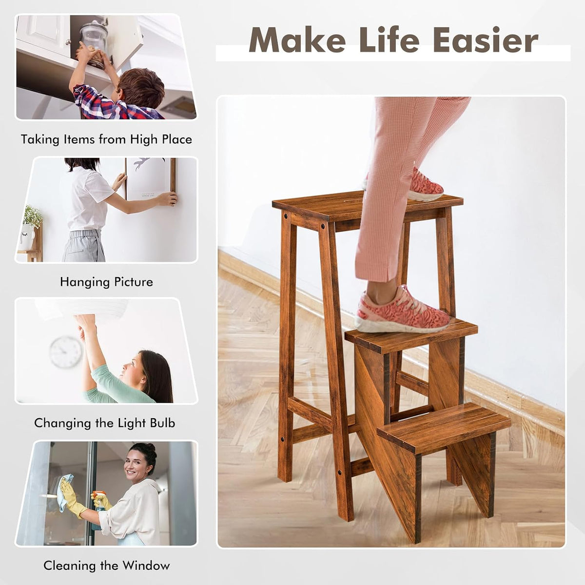Giantex 3 Tier Folding Step Ladder, Multifunction 3-in-1 Wood Step Stool, Display Ladder and Storage Shelf for Library, Home Kitchen, Household Work, Coffee