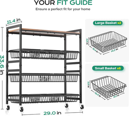 Cinati 4-Tier Utility Kitchen Cart with Wood Top, 29" W Kitchen Storage Cart with 8 Baskets & Handle, Metal Snack Cart with Wheels, Adjustable Pantry Organizer and Storage Cart for Fruit, Vegetables