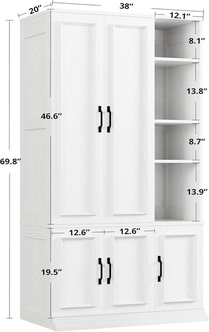 LIKIMIO Armoire Wardrobe Closet 70" H, 5 Doors for Bedroom, White | Wooden Wardrobe with 4 Storage Shelves and Hanging Rod, Clothing Storage Cabinet Organizer Combination