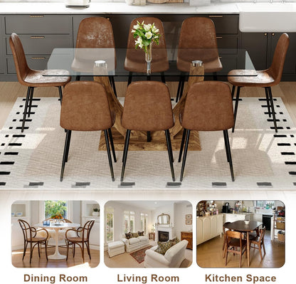 71" Glass Dining Table Set for 6, 7 Piece Dining Table Set,Tempered Glass Table Top with U-Shaped Legs and Fabric Dining Chairs,Ideal for Kitchens, Living Rooms (Brown Chair, 1 Table+6 Chairs)