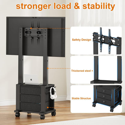 Rolling TV Stand with 3 Drawers for 23-60 Inch TVs with Storage | Hidden Storage, Height Adjustable Tilt Mount, Lockable Wheels, Dual Steel Frame, VESA Compatible for Bedroom & Living Room