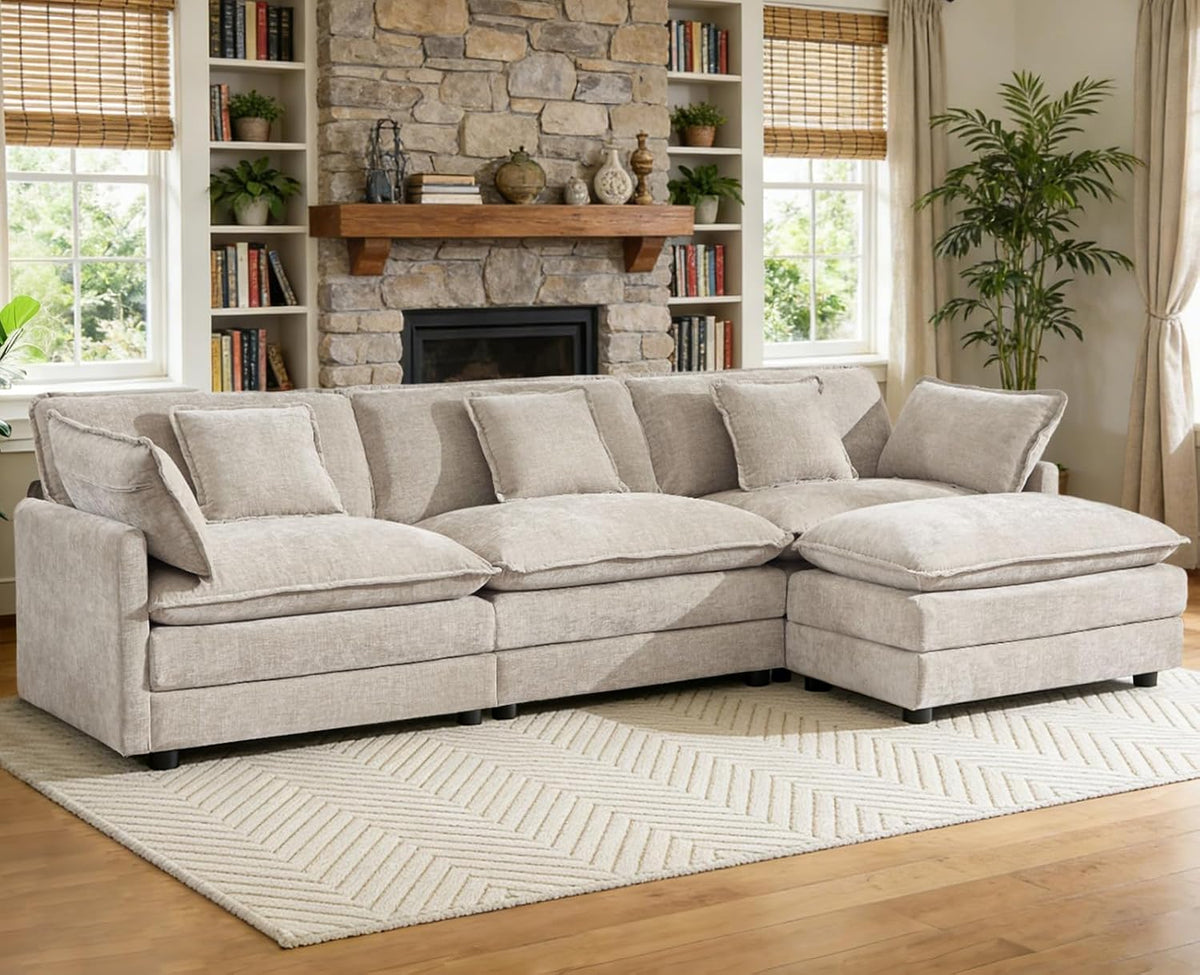 111.5” Modular Sectional Sofa, L Shaped Cloud Couch with Ottoman | Couches for Living Room, Cloud Comfort, Removable Washable Pillow Covers, Deep Seat, Movable Ottoman, Chenille Camel Brown