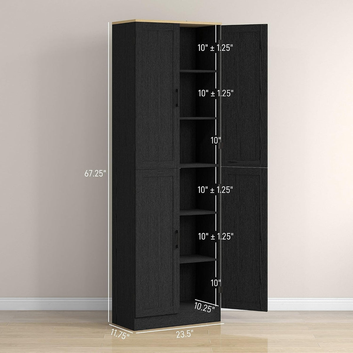 4-Door Bohemian Freestanding Kitchen Pantry Cabinet with Complete Adjustable Shelves, Distressed Black Finish in Vintage Design