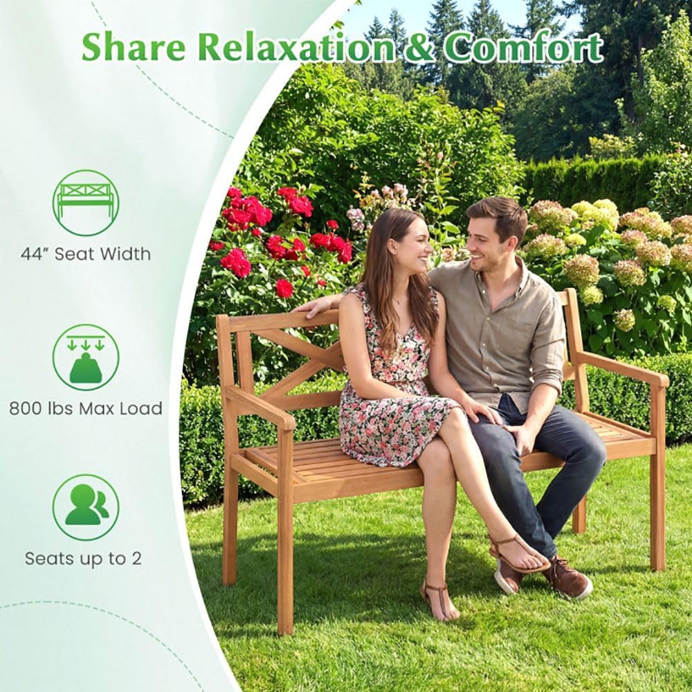2-Person Acacia Wood Garden Chair Armrests Backrest 44in Seat Width 800lb Capacity for Patio