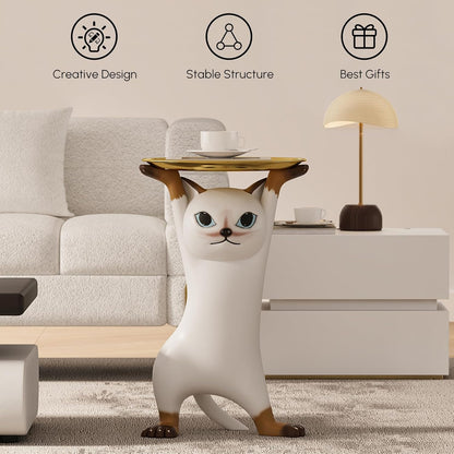 homary Cat Side Table with Gold Tray – Resin Animal Figurine End Table, Small Coffee Table for Sofa Side, Living Room, Bedroom, or Entryway Decor (Cat-A)