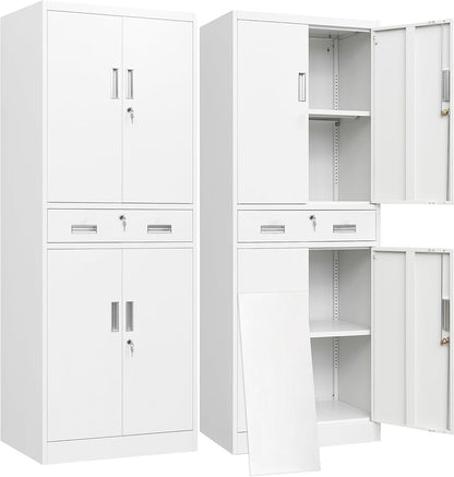 BESFUR Metal Storage Cabinet with a Drawer 4 Doors and 2 Adjustable Shelves Garage Storage Cabinet with Lock 71" Office Storage Cabinets Locking Cabinets for Garage Office Shop Home (White)
