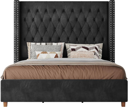 PaPaJet King Bed Frame 61.4" Tall Upholstered Wingback Headboard, Black