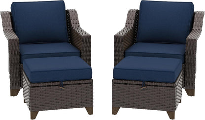 4 Pieces Patio Conversation Furniture Set - 2 Chairs with Ottomans Set of 2, Outdoor Wicker Armchairs with Water-Resistant and Washable Cushions for Porch, Balcony, Sunroom (Navy Blue)