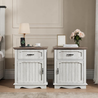 Halitaa Nightstands Set of 2 with Charging Station, White Oak | Bedside Table with Large Drawer, Side Table with Storage Cabinet and Adjustable Shelf, Farmhouse End Table for Bedroom