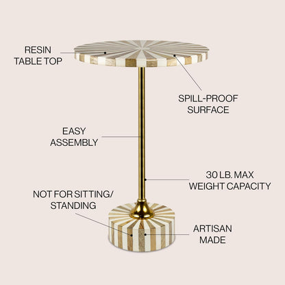 JONATHAN Y Calix 23.5" Round Sunburst Pedestal Drink Table, Light Brown | Modern Art Deco Style, Glossy Gold Metal Candlestick Leg, Ideal For Small Spaces, Living Room Or Bedroom, Spill-Proof Top