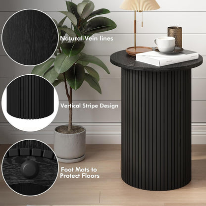 Wnutrees Round Fluted End Table, Small Accent Pedestal Side, Black