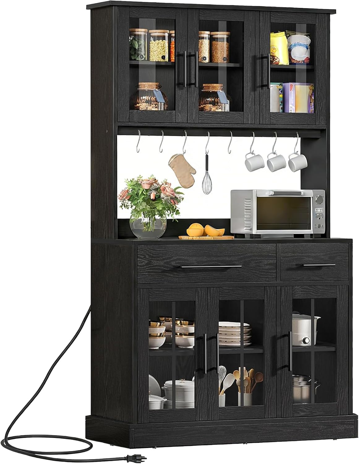 DWVO Kitchen Pantry Storage Cabinet with Microwave Stand, 71'' Tall Kitchen Hutch Cabinets with Power Outlet, Modern Food Pantry Hutch with Drawers ＆ Shelves for Home, Pack of 1, Black | 71" Tall Kitchen Hutch Cabinets with Power Outlet, Modern Food