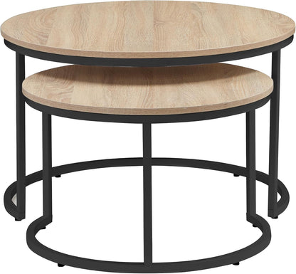 31.5 Inch Round Nesting Coffee Tables Set of 2, Oak‑Tone Stackable Side Tables with Sturdy Metal Legs, Space‑Saving Easy‑Assembly Accent Tables for Living Room
