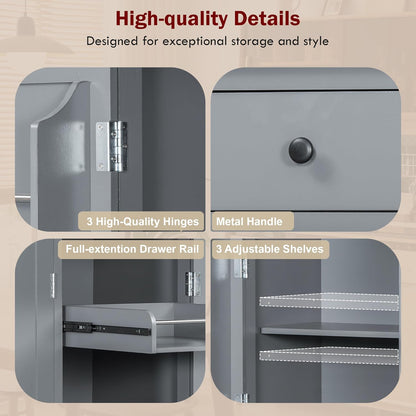 Pantry Storage Cabinet with Door Shelves and Drawers, Freestanding Tall Cupboard with Adjustable Shelves and Pull-Out Trays (Gray)
