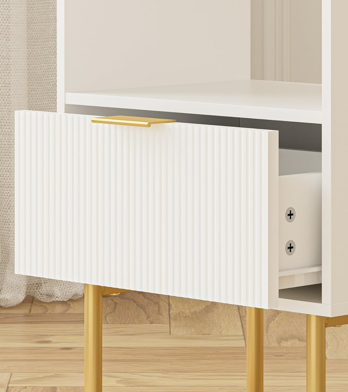 Masupu Night Stand, Mid-Century Bedside Table with Storage Drawer and Open Wood Shelf, Small Gold Frame Flueted Nightstand, Side Table for Bedroom, Living Room, White(Tall 25'')