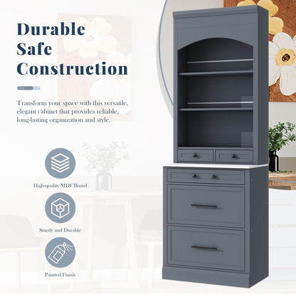 83.7Inch Tall Kitchen Pantry Cabinet, Freestanding Kitchen Pantry with Faux Marble Top, Corner Cabinet with 5 Storage Drawers and Adjustable Shelf, Gray