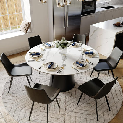 POVISON 59" Modern Round Dining Table, Marble Round Dining Room Table for 6, Matte White Sintered Stone Tabletop with Black Carbon Steel Pedestal, Circle Dining Table for Kitchen Room (Table Only)