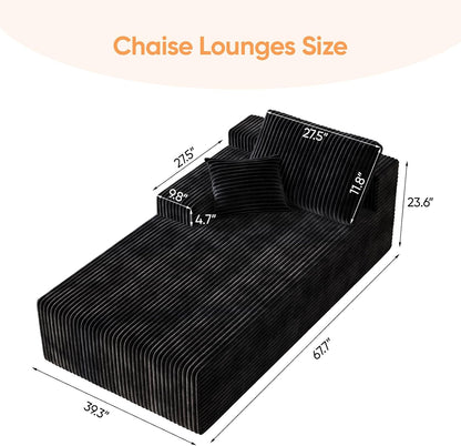 67" Sofa Bed, Chaise Lounge Chair, Plush Corduroy Upholstered Sofa Couch Bed with Pillows, Lazy Chair for Living Room Bedroom Guest Room (Black, Left Facing Chaise)