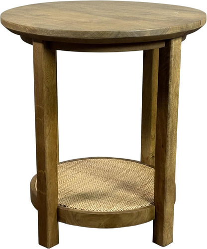 Carolina Chair & Table Haven 20" Round Accent Table with Handwoven 1 Cane Shelf Vintage Blonde Acacia Finish Wooden Side Table Compact Home Storage Furniture for Bedroom, Living Room, Dining Room