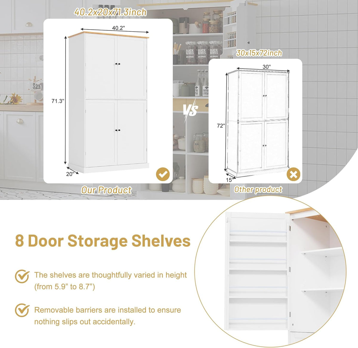 RUNNA 40.2x20x71.3inch High Freestanding Kitchen Pantry Large Cupboard Storage Cabinet with 2 Drawers, 2 Adjustable Shelves, 8 Door Shelves for Kitchen, Dining Room (White#046)